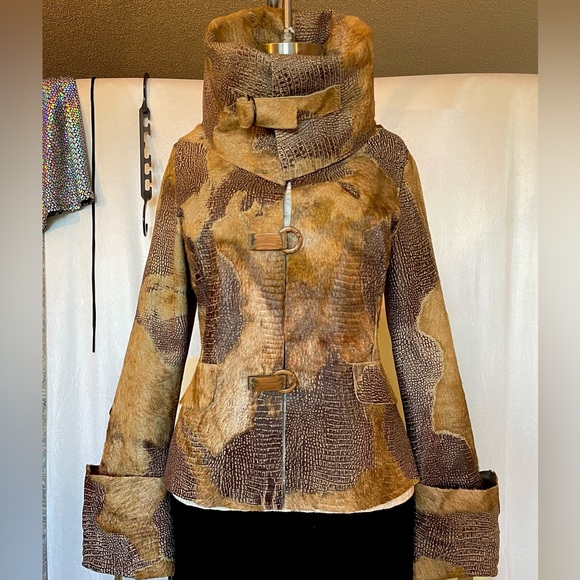 Unique 100% Genuine Leather & fur Embossed Croc Jacket Size 38 small brown tan - Picture 6 of 17
